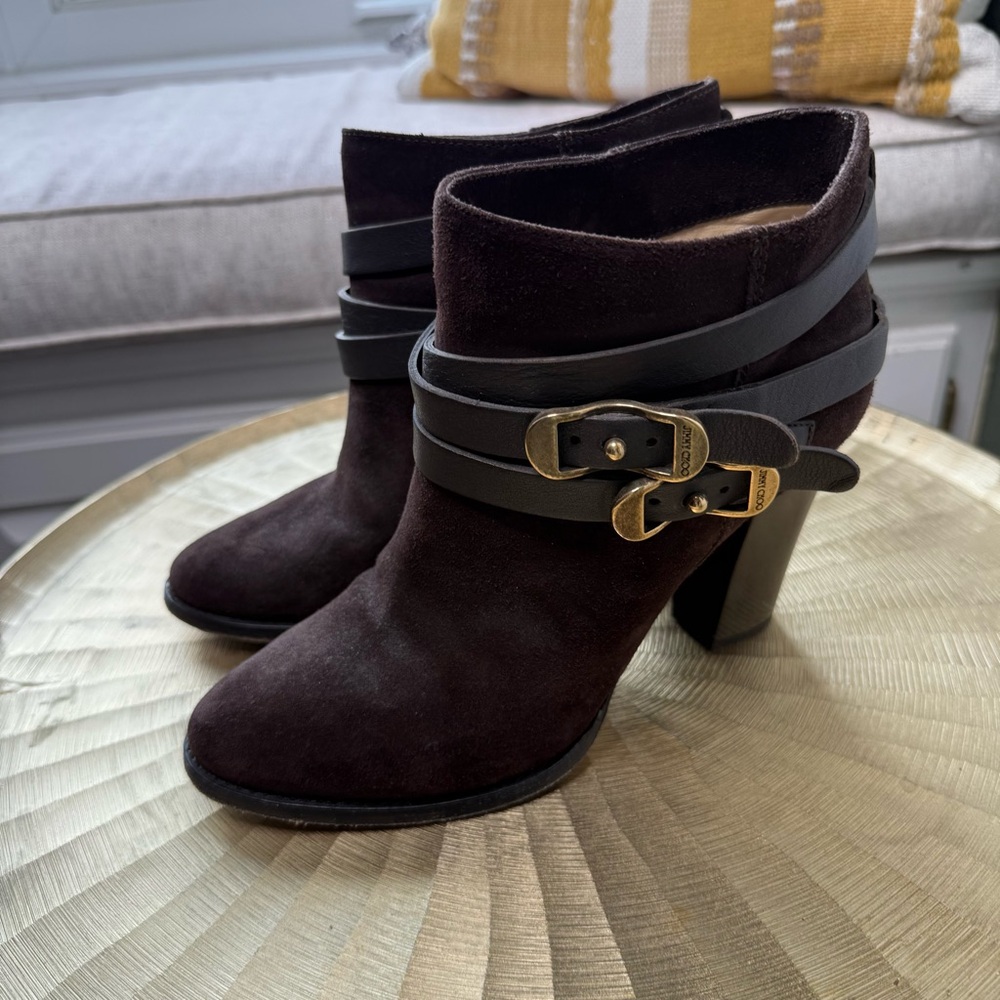 Jimmy Choo Dark Brown Ankle Boots with Gold Buckles